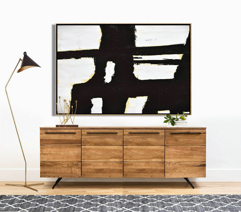 Original Abstract Painting Canvas Art,Horizontal Palette Knife Minimal Canvas Art Painting Black White Beige - Hand-Painted Contemporary Art